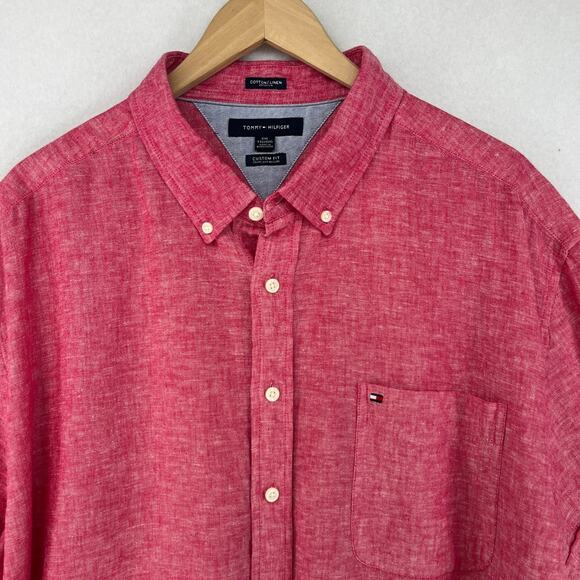 TOMMY HILFIGER Shirt Mens 2XL Cotton Linen Chambray Button Up Short Sleeve Pink - Picture 4 of 14